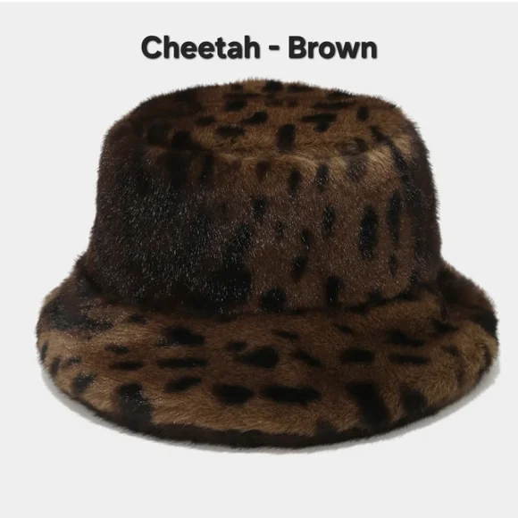 SEE MY OTHER ONES Faux Fur Bucket Hat Cheetah Print Animal Print Brown Black - Picture 9 of 11